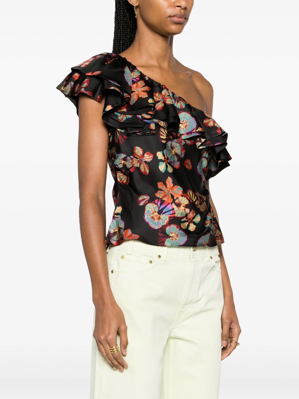 Ulla Johnson Adaleigh One-Shoulder Floral-Print Silk-Satin Twill Ruffle Top Sz 4